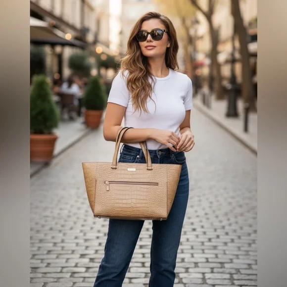 Huge Kate Spade Storybook lined Croc Embossed Cream Shoulder Bag - Picture 1 of 9